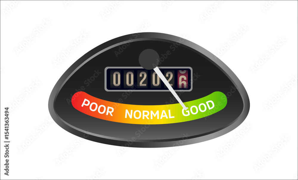 Poster 2026 new year countdown gauge in speedometer style showing good rating. creative holiday meter for f