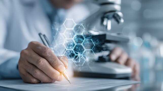 A scientist takes notes beside a microscope with a digital hexagonal molecular structure overlay, symbolizing advanced research and scientific analysis.