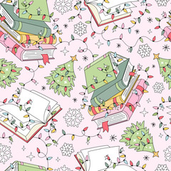 Cozy Christmas piles of Books, Xmas Trees, Festive Garlands vector Seamless Pattern in Retro Pastel style. Perfect for holiday wrapping paper, seasonal stationery, fabric prints, and cozy winter