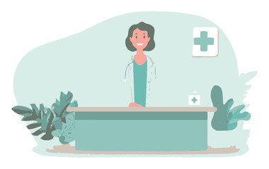 Fototapeta premium Cheerful Female Doctor Standing at Desk in Modern Healthcare Office Setting