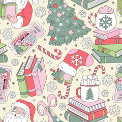 Retro Christmas vector Seamless Pattern with Stacks of Books, Santa Reading, and Festive Stockings on Pastel Yellow Background. Ideal for holiday gift wrap, seasonal greeting cards, fabric designs