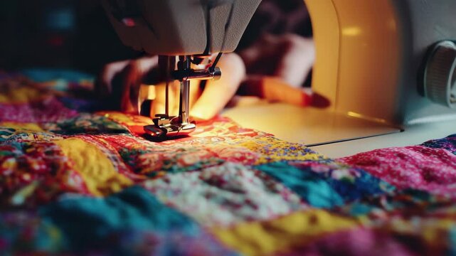 Close-up of a sewing machine stitching a colorful patchwork quilt.