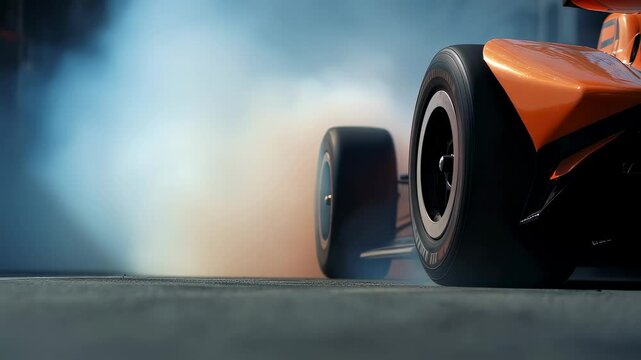 Burning rubber creating dense smoke clouds from rear tires of vintage orange racing car speeding across gray asphalt track during high performance motorsport competition