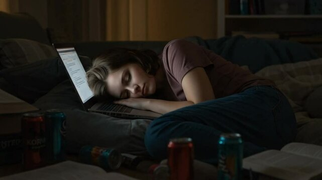Exhausted Student Asleep on Laptop with Energy Drinks and Books &ndash; Study Burnout Scene