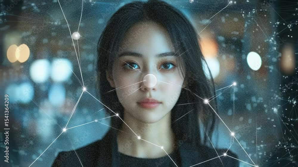 Poster woman looking directly at camera in a dark setting with network overlay