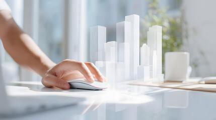 Minimalist wallpaper, in the foreground a translucent white graphic of tall skyscrapers appears.