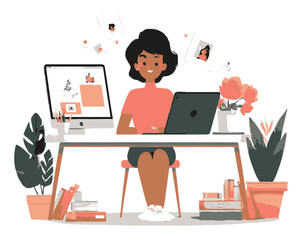 Woman Working at a Desk with Flowers and Decor in a Modern Office Space