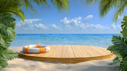 Obraz premium Tropical Beach Scene Life Ring Wooden Platform Ocean View