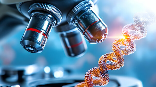 Close-up of a microscope on a background of laboratory equipment and macro image of DNA in an animated style. The concept of innovative medical technology - Powered by Adobe