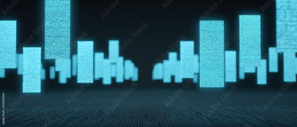 Poster futuristic city skyline with glowing data blocks on a dark background and a lined surface