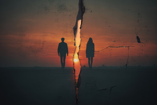 The silhouette of a man and a woman each walking away from their partner, implying the meaning of separation.