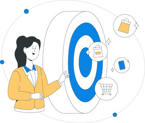 A woman in yellow jacket interacts with an innovative service portal, surrounded by e-commerce icons representing digital marketing and online shopping
