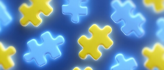 Obraz premium Puzzle pieces some blue and some yellow scattered on a blue background with a soft glow emanating from the pieces