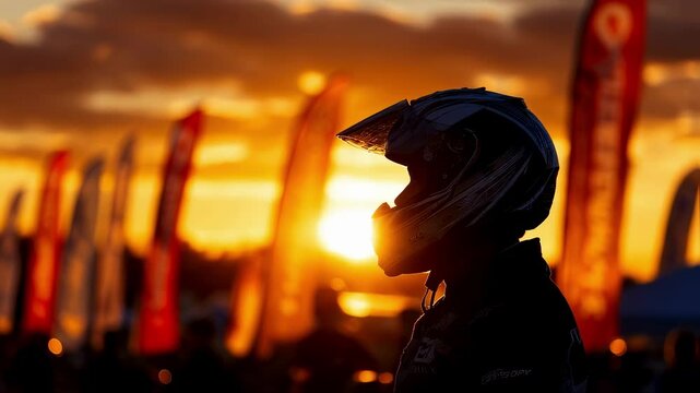 Golden hour illuminates a young racer's profile, creating a striking silhouette against the backdrop of vibrant flags and the setting sun in the paddock area