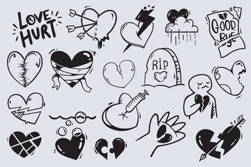 Broken heart doodle hand drawn.. Broken Heart Icons - Sadness & Pain vector image
