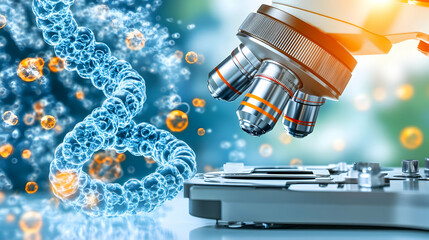 Close-up of a microscope on a background of laboratory equipment and macro image of DNA in an animated style. The concept of innovative medical technology
