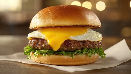 A gourmet cheeseburger with fried egg