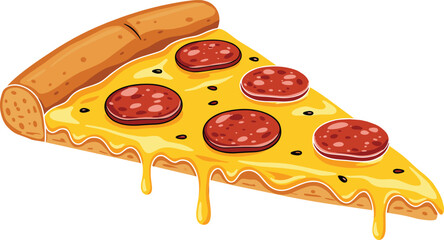 Delicious slice of pepperoni pizza with melted cheese dripping from crust, hot cheesy fast food snack isolated on white background, vector cartoon illustration, tasty meal