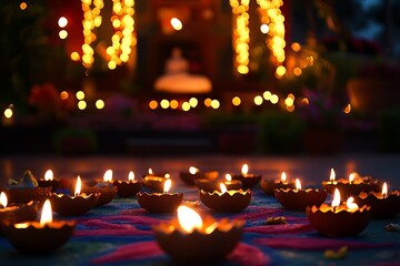 Beautifully Decorated Home with Glowing Diyas for Diwali Night