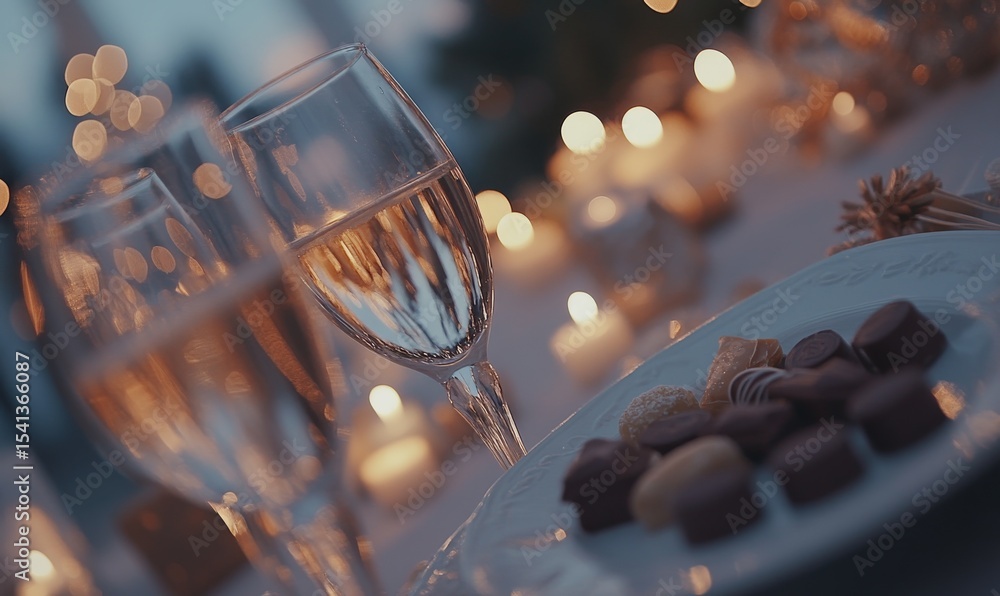 Poster the image features champagne and chocolates arranged on a luxurious table
