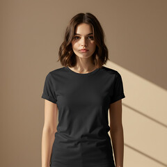 Obraz premium Woman in Black T-Shirt, Studio Portrait, Neutral Background