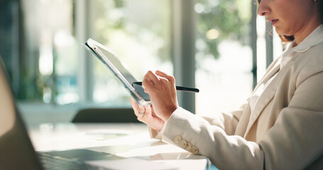 Hands, business and woman with tablet, stylus and online reading with email for economy feedback....