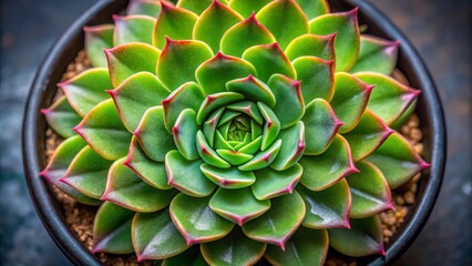 Close-up of a green succulent plant, perhaps a cactus or sempervivum, with intricate leaves and potential flowers, thriving in a garden setting or a pot, showcasing nature's unique flora