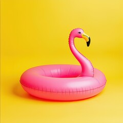 Inflatable Pink Flamingo Pool Float on Bright Yellow Background