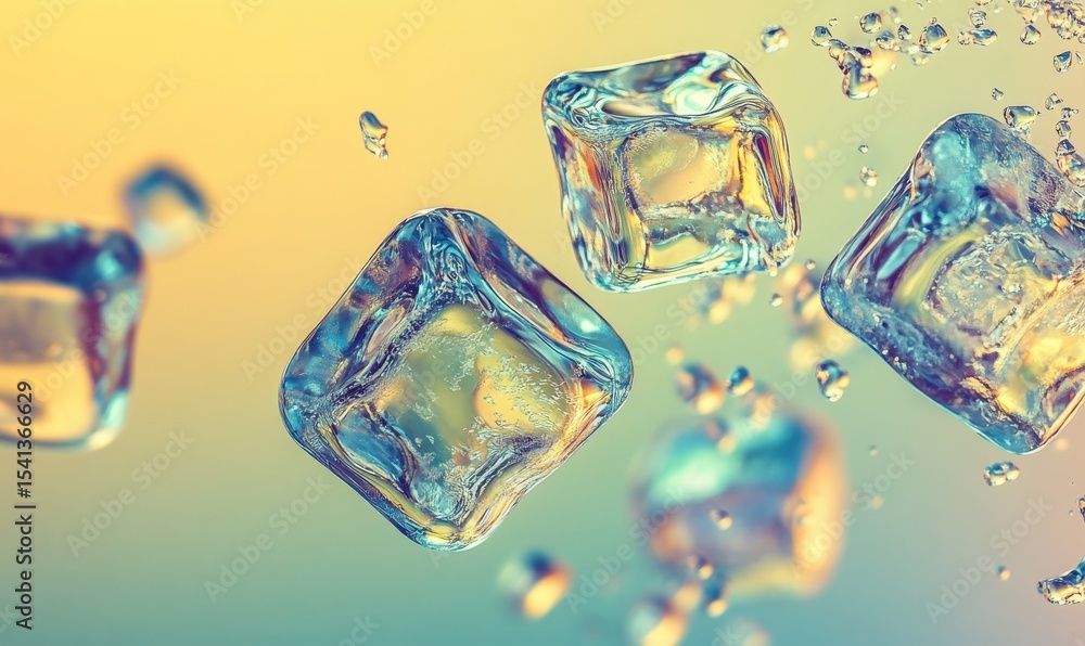 Poster a dark red and blue background serves as the setting for an image of many flying ice qubes
