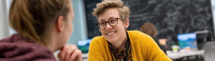 Two people engaged in a friendly conversation in a casual, modern workspace with a chalkboard background filled with drawings and notes.