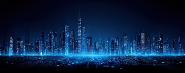 A futuristic digital cityscape illuminated with blue neon lights, blending advanced technology and urban architecture in a high-tech environment.