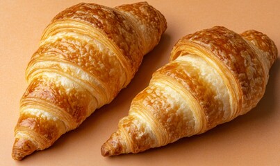 Fototapeta premium Image of a flat lay with multiple croissants set against an orange background, editorial photo