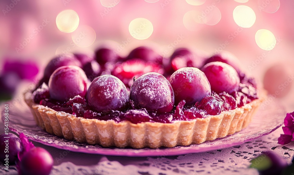Poster the image depicts a rustic plum tart with a golden, flaky crust topped with plum slices in a swirlin