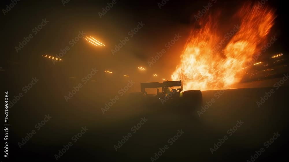 Poster realistic animation of a 1 race car losing control at night, crashing and bursting into flames, crea