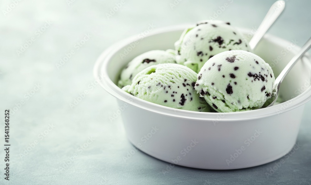 Poster mint chocolate ice cream is scooped out of its container in this image