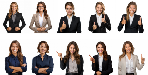 A collage of nine businesswomen in professional attire, each with a thumbs-up gesture.