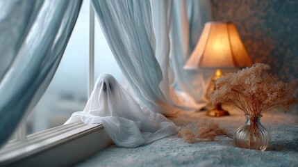 Eerie ghostly figure appearing from window home interior photography atmospheric close-up supernatural concept