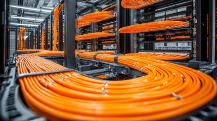 A data center with organized orange network cables running through server racks, showcasing modern infrastructure and connectivity.