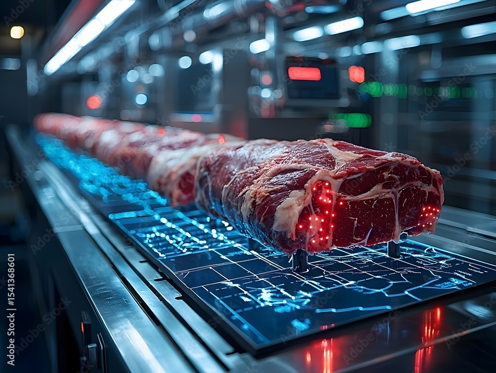 Poster futuristic automated meat processing plant using robotic precision