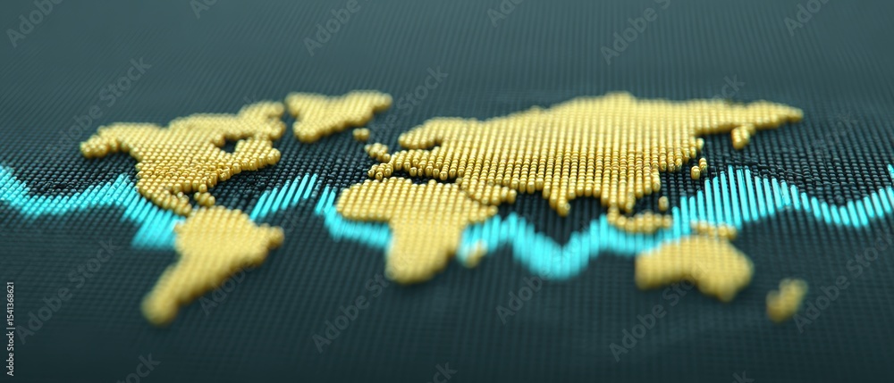 Poster golden world map formed by small spheres over a dark background shown with a light blue graph line u