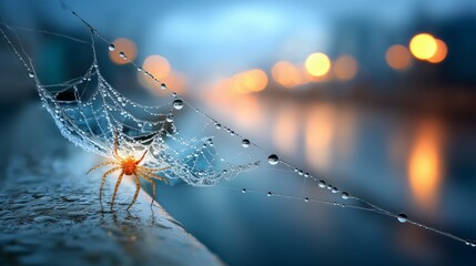 Spider's web glistening with raindrops urban environment nature photography close-up artistic concept