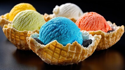 Four colorful scoops of ice cream in waffle bowls, featuring blue, orange, green, and white flavors, beautifully presented on a dark surface.