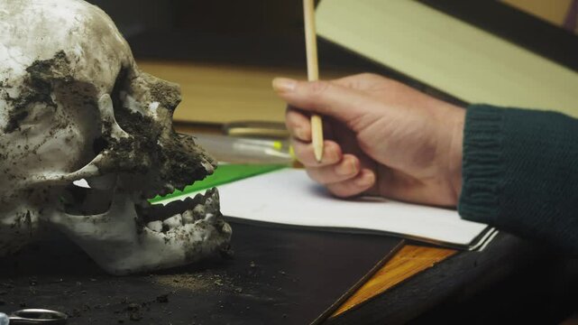 Anatomy expert measures human skull dimensions and writes report