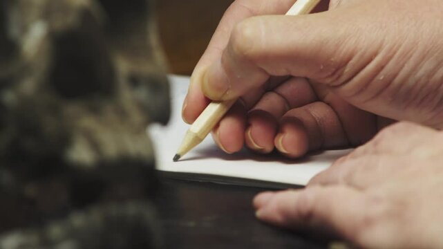 Archeologist examines human skull and writes notes CLOSE-UP