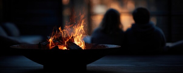 A warm fire burns in a bowl-shaped fire pit with two people sitting closely together in the background at dusk.
