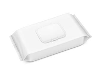 Wet wipes package bag mockup with realistic shadow. Vector illustration isolated on white background. Can be use for your design, promo, adv and etc. EPS10.