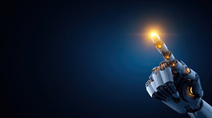 A futuristic robotic hand with illuminated fingertip points upward against a dark blue background, symbolizing innovation and advanced technology.