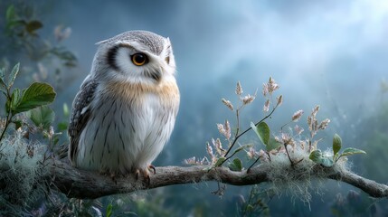 Majestic owl perched on branch enchanted forest wildlife photography mystical environment close-up view nature's beauty