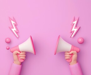 Colorful Megaphones with Lightning on Pink Background for Promotion
