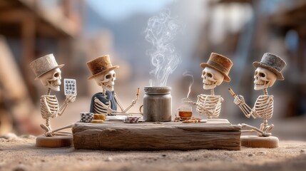 Skeletons enjoying tea party deserted town whimsical art rustic setting close-up view humor and life after death